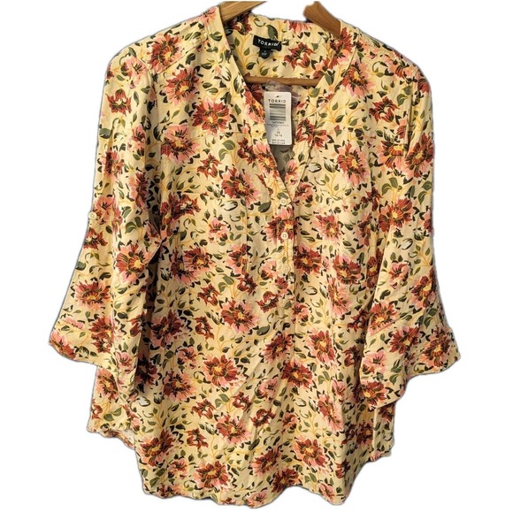 Torrid Top Button Front Blouse Floral V Neck 3/4 Or Long Sleeves Pockets Size 1X - Picture 2 of 9